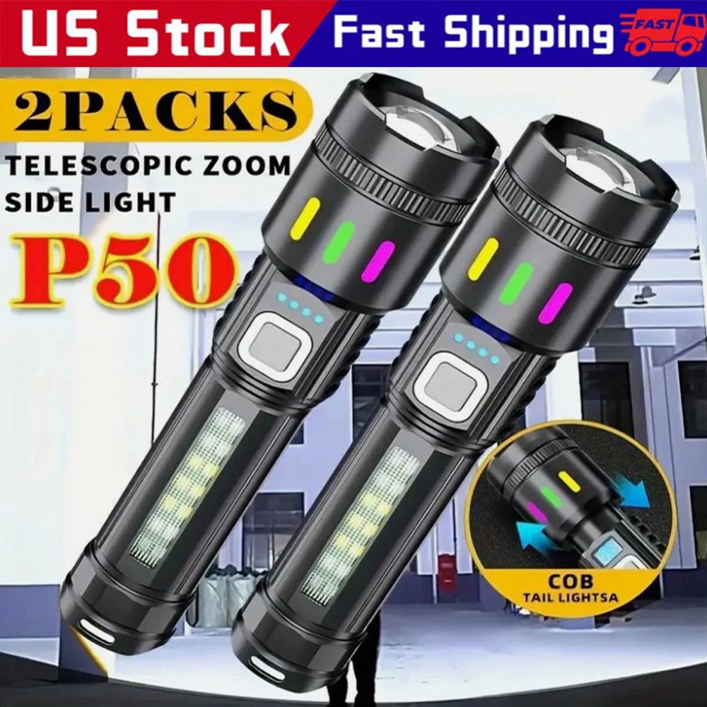 2 Pack 99000000lm Tactical Flashlight Super Bright Rechargeable LED Work Lights