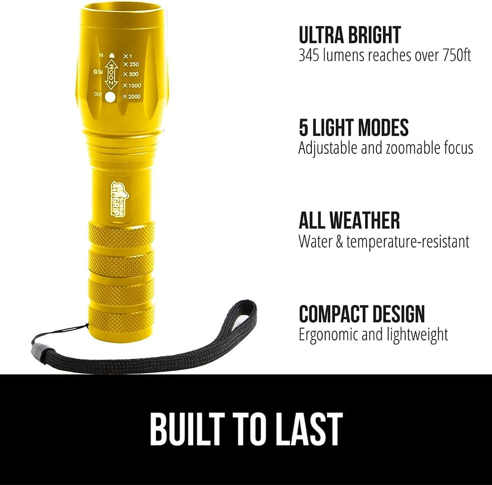 GORILLA GRIP Powerful LED Tactical Flashlight, 750 FT High Lumens 5 Adjustable M