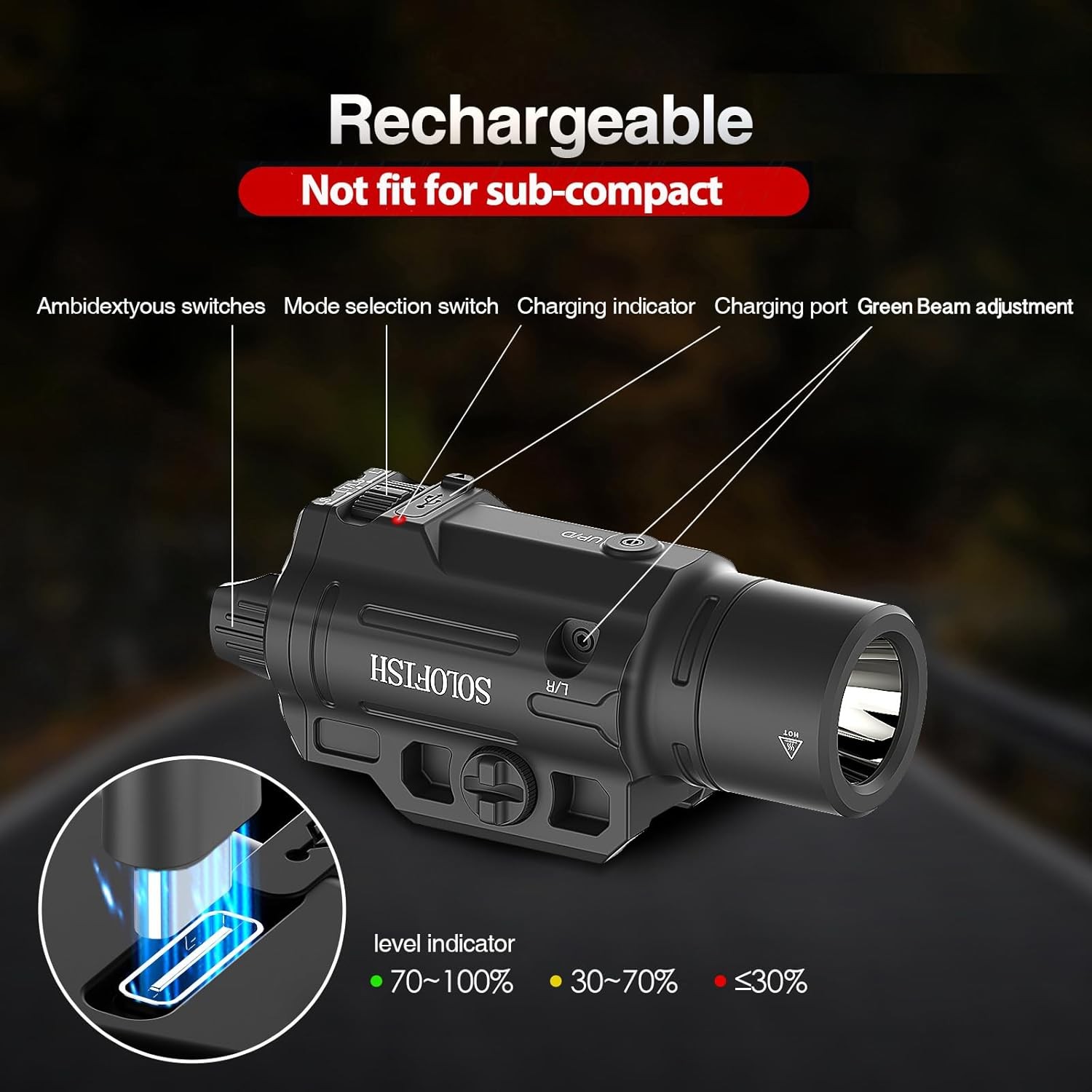 Solofish 1500lm Slidable Pistol Light Green Beam Combo Tactical Flashlight