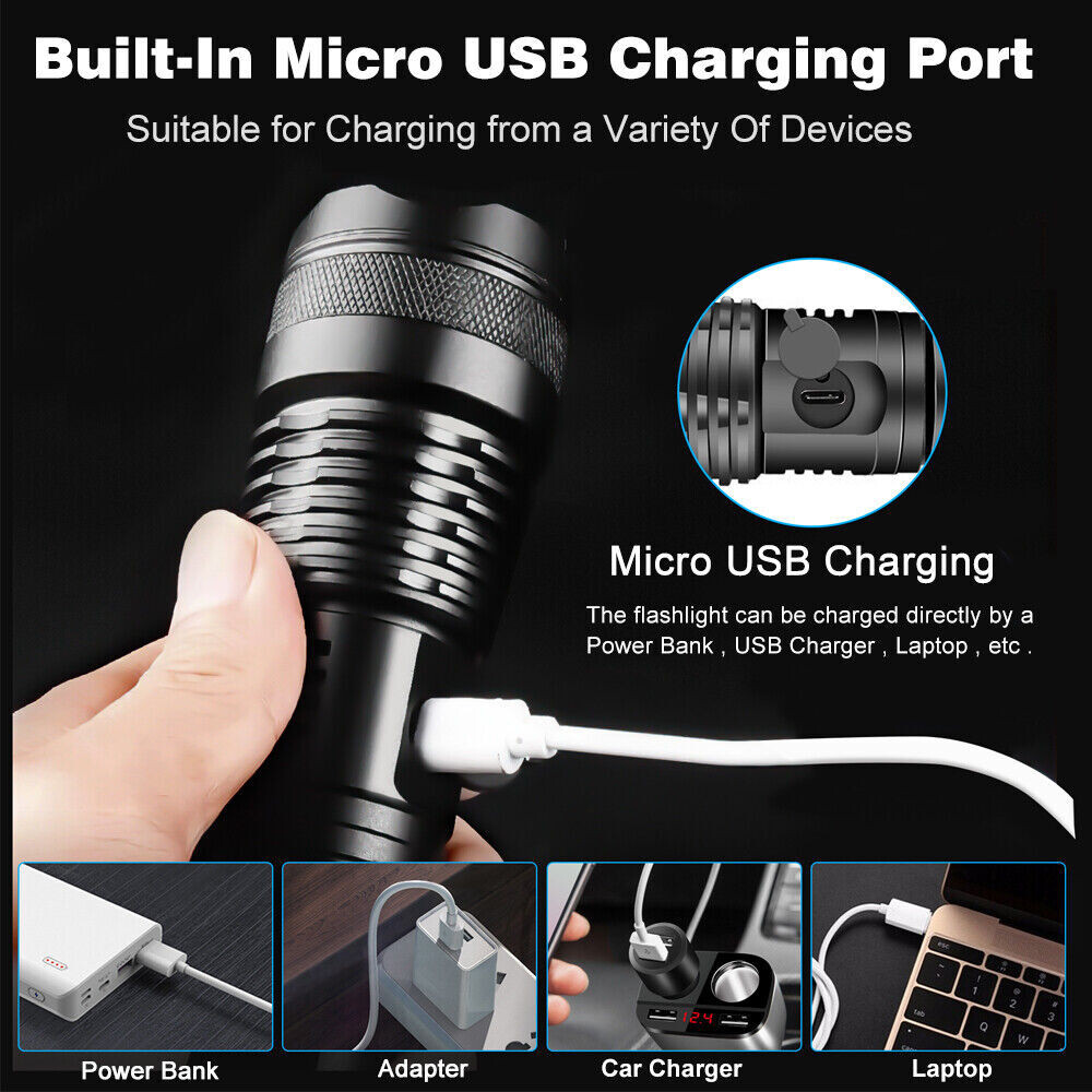 1200000LM LED Flashlight Tactical Light Super Bright Torch USB Rechargeable Lamp