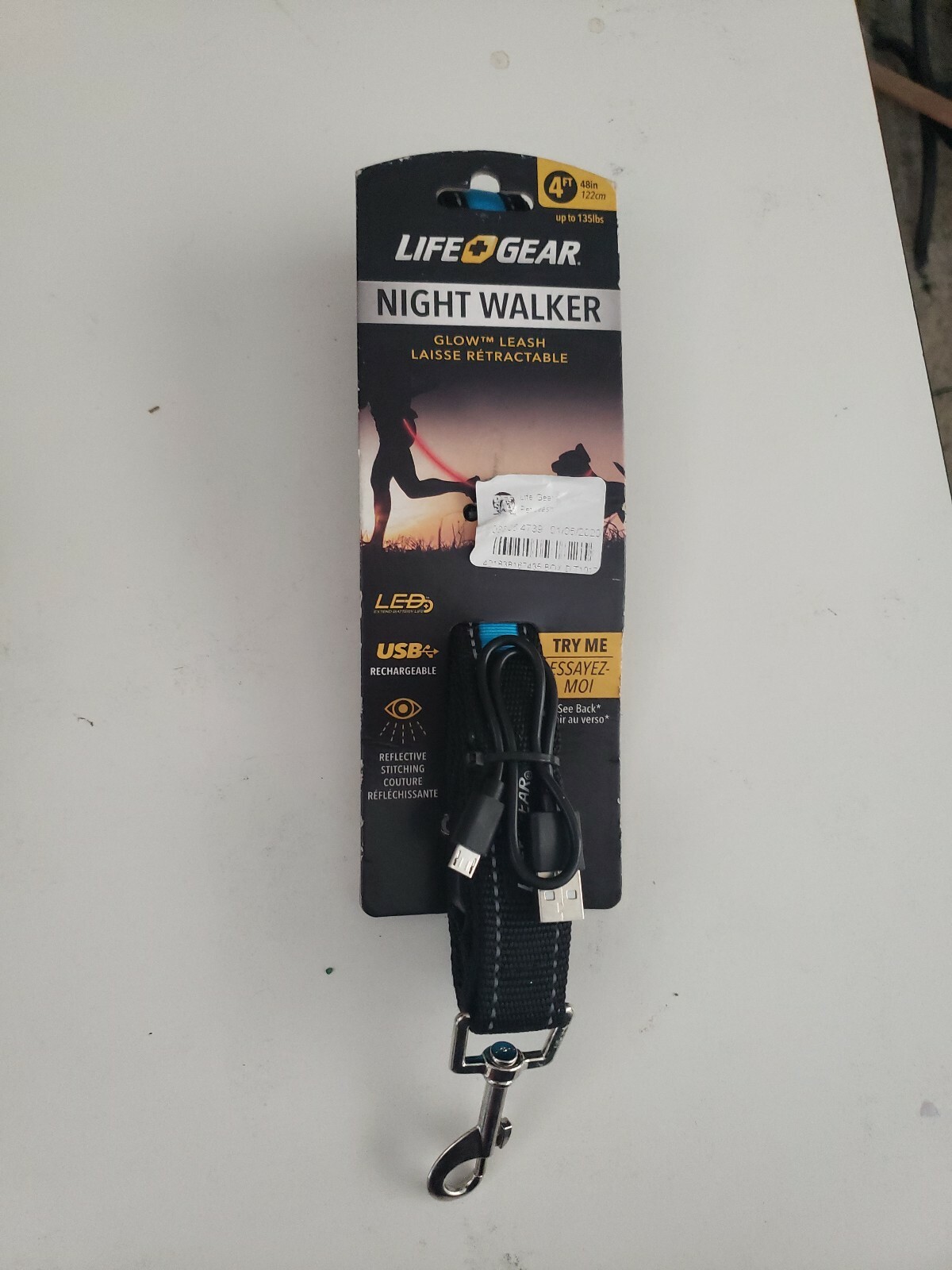LED LifeGear Night Walker Glow Leash/4ft/ 135lbs, USB/ Reflective/RED/READ