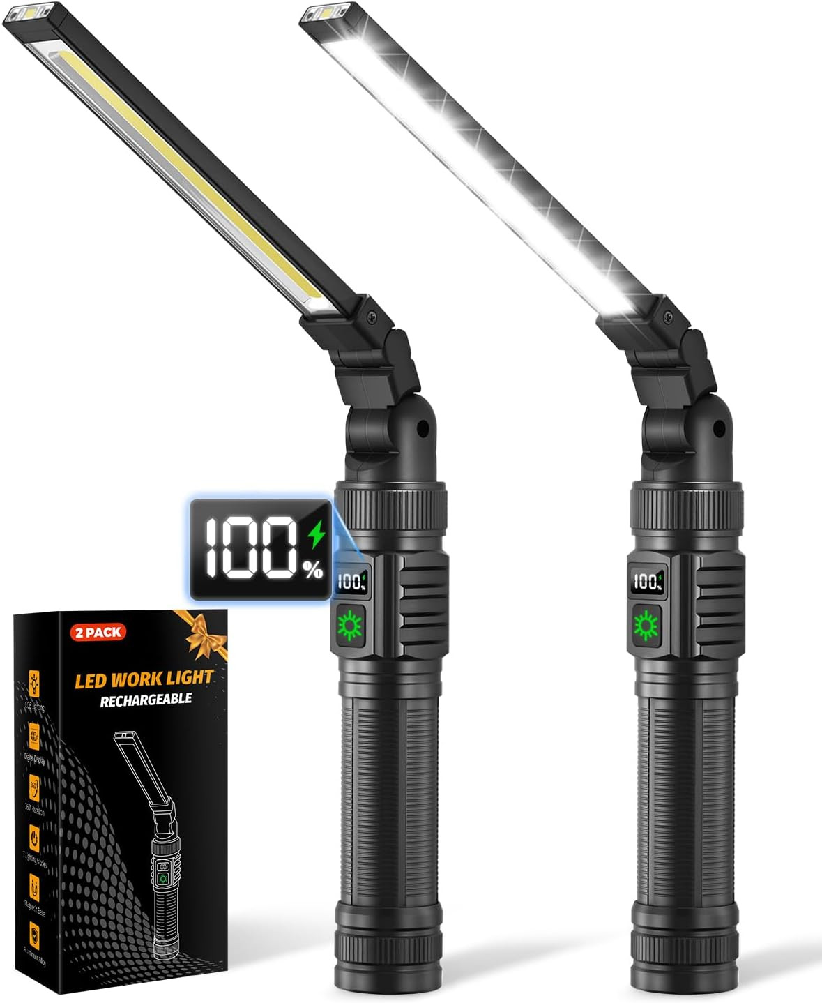 2Pack Magnetic Rechargeable LED Work Light/Flashlight for Mechanics | All Alumin