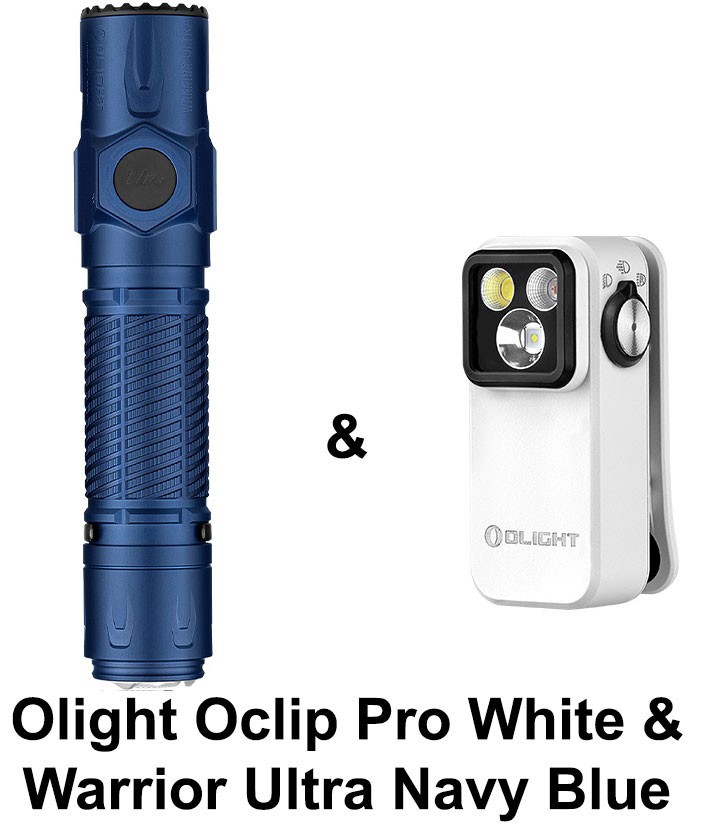 Olight Warrior Ultra Navy Blue Flashlight & Oclip Pro White Clip-On Light