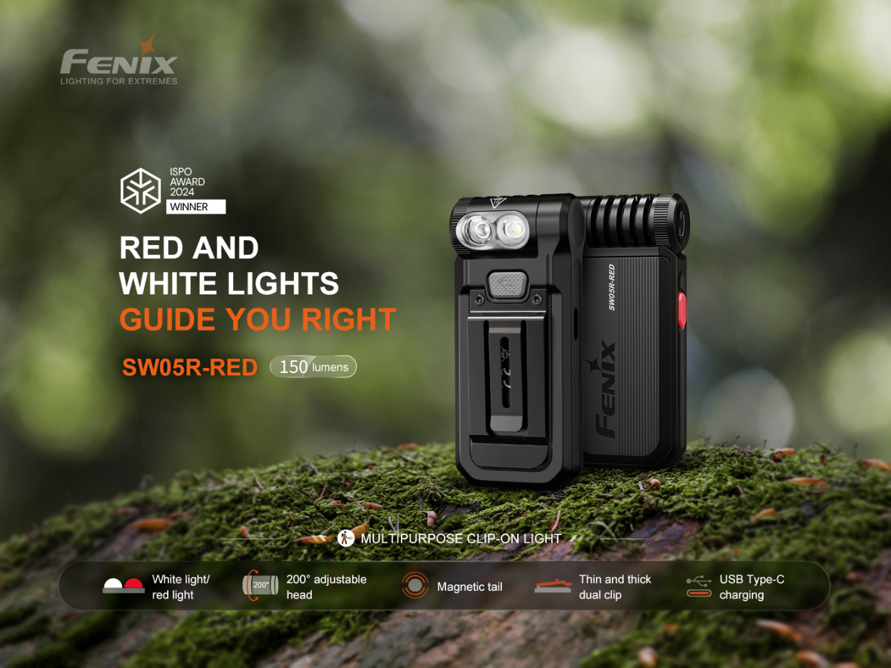 Fenix SW05R-RED White/Red USB Rechargeable LED EDC Flat Flashlight body worn/hat