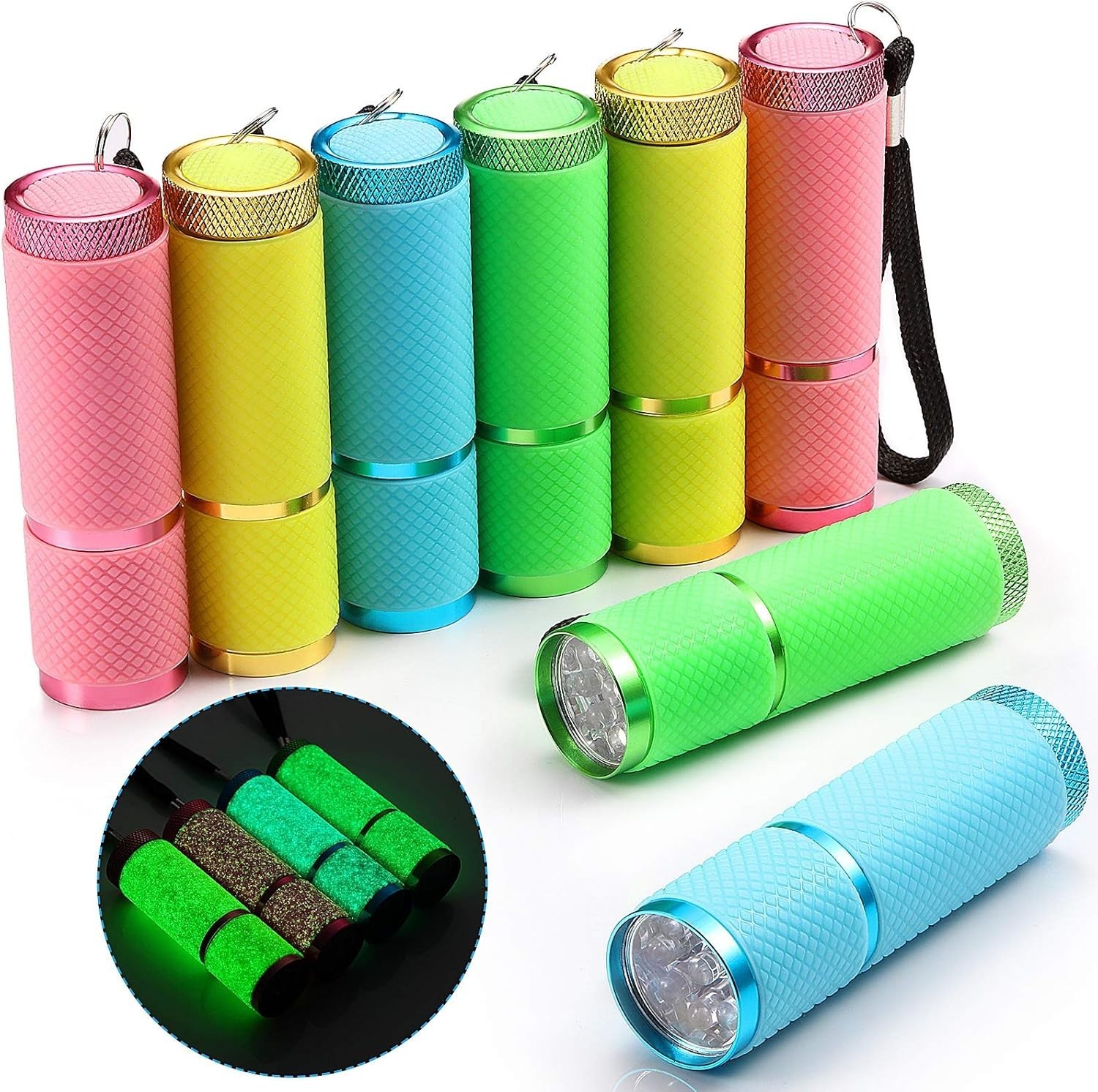 8-Piece Glow in the Dark Flashlight Set, 9 LED Mini Flashlights Rubber Coated