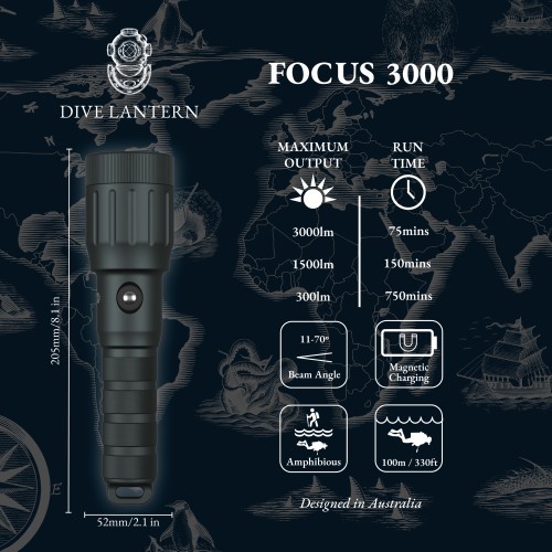 Dive Lantern Focus 3000 Dive Light Beam Angle 11-70 degree 330ft Anthracite New