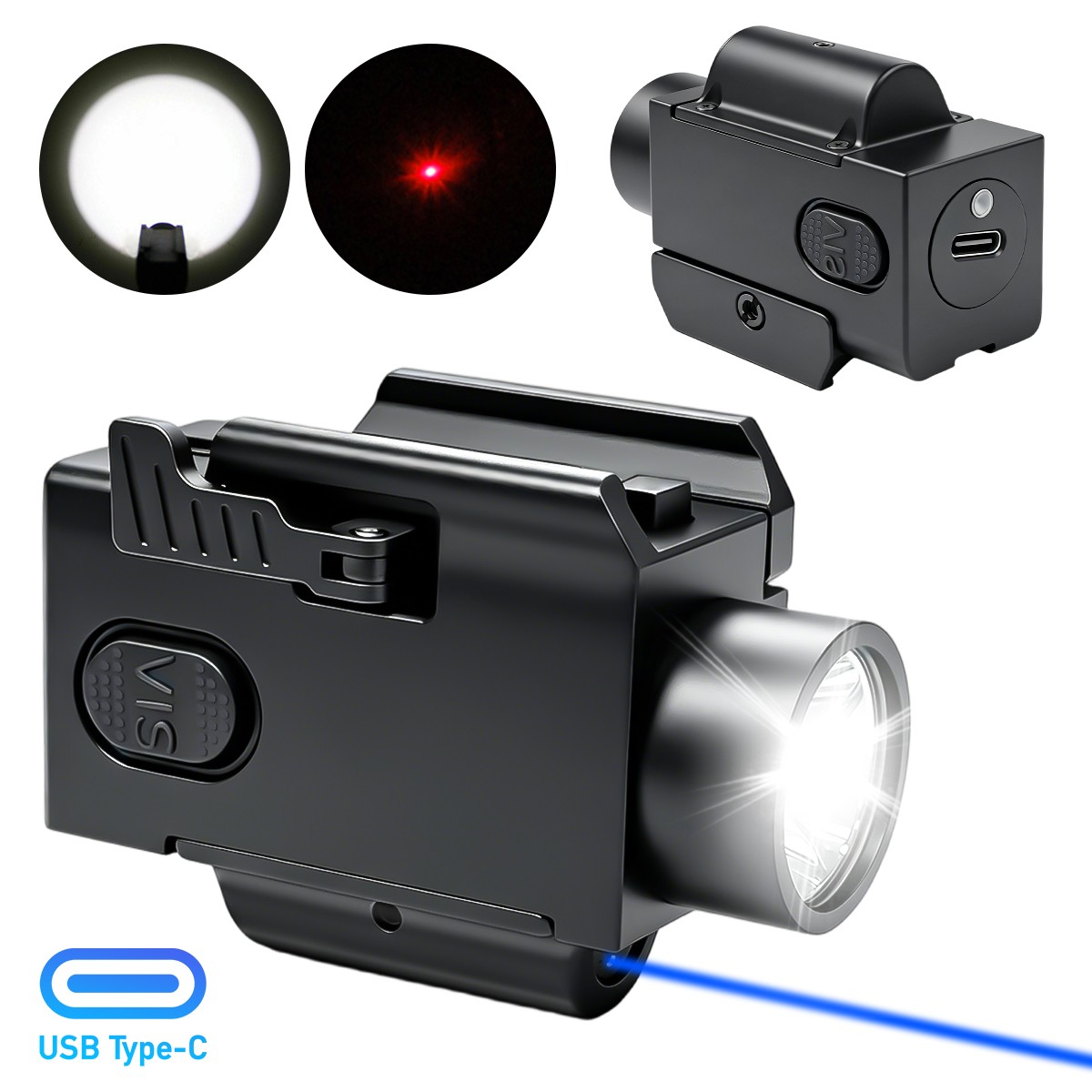 Mini LED Flashlight Light & Blue/Green/Red Laser Sight Combo USB Type-C Charging