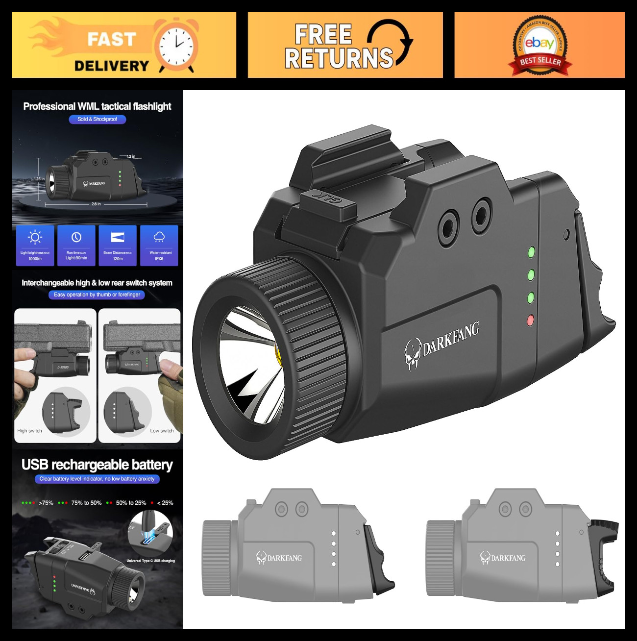Compact Tactical Flashlight 1000 Lumen – High/Low Rear Switch for Pistol & Rail