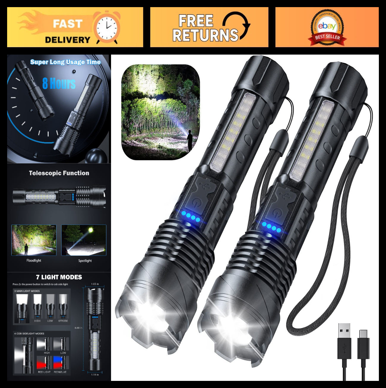 High Lumens Rechargeable Flashlights 90000 Lumen 2 Pack, 7 Light Modes, Waterpro