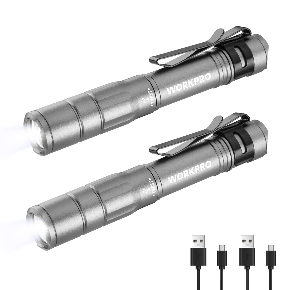 WORKPRO 2-PCS LED Rechargeable Pen Light Mini Flashlight Handheld Pocket Light