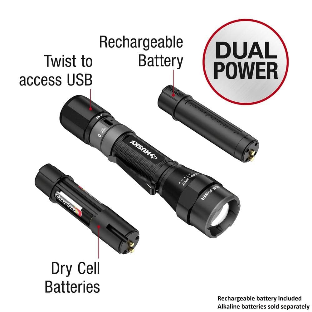Husky 1200 Lumens Dual Power LED Flashlight w/ Battery & USB-C Cable