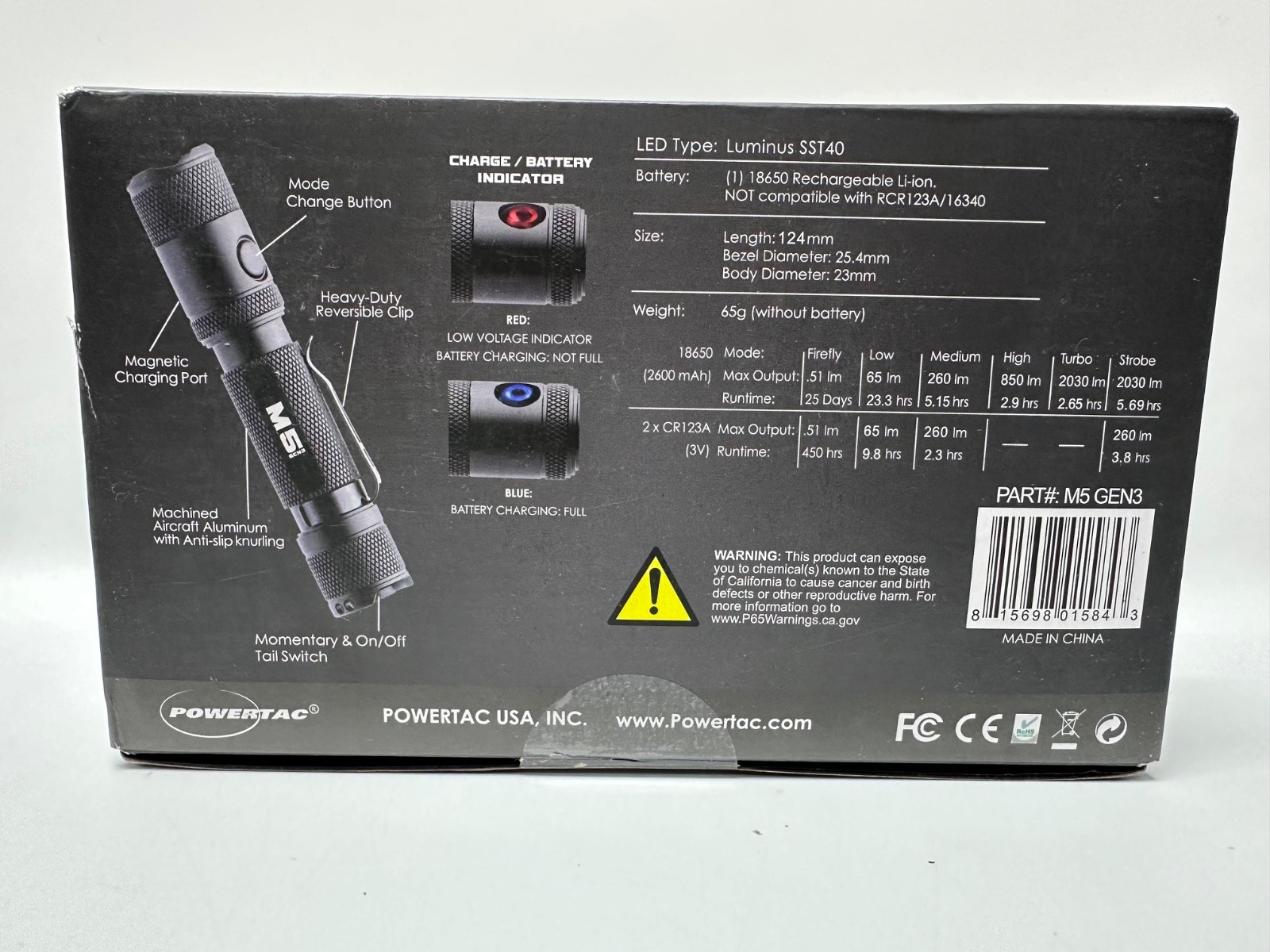 PowerTac M5 GEN3 2030 Lumens Rechargeable LED Flashlight, Magnetic Charging