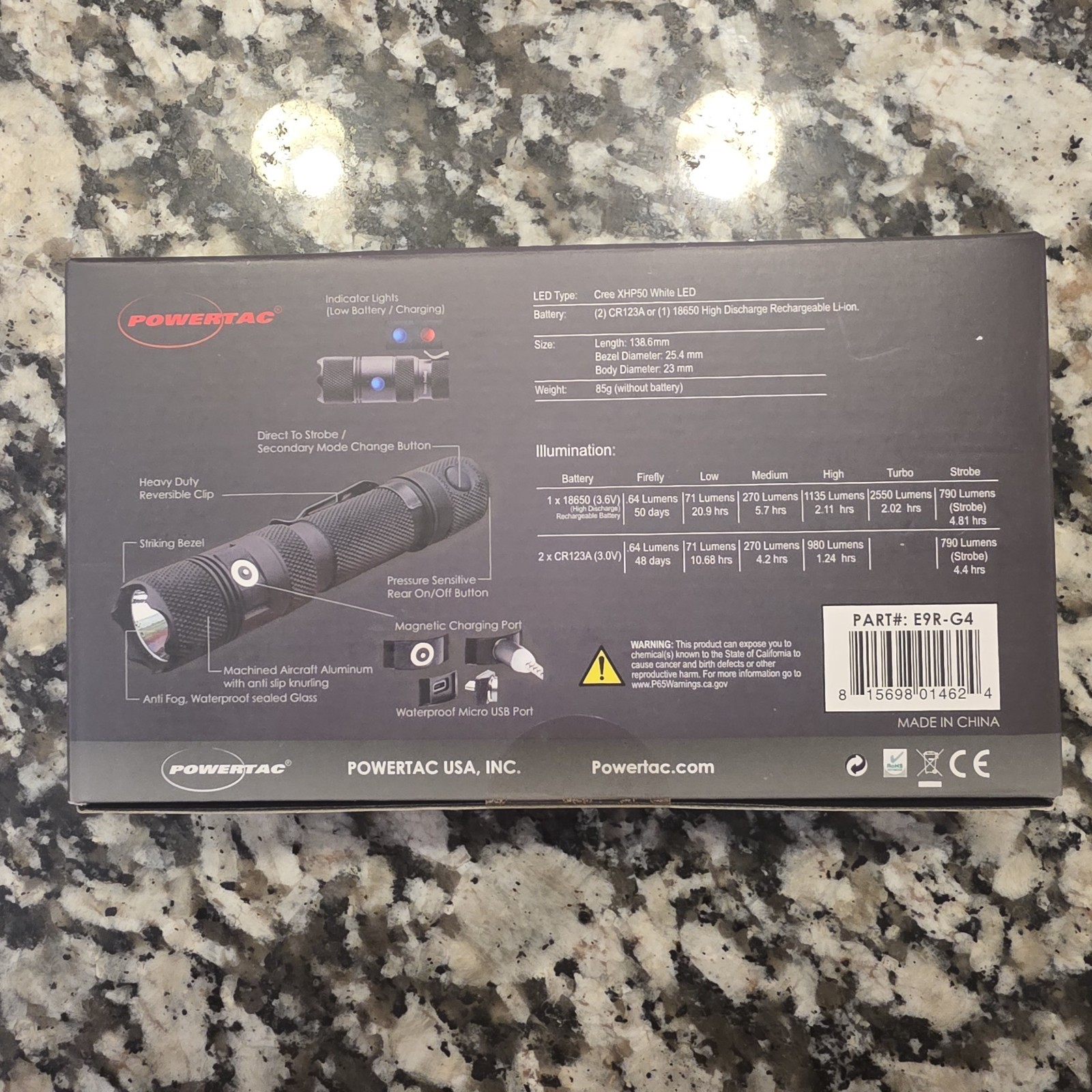 PowerTac E9R Gen 4 Rechargeable Tactical Flashlight 2550 Lumens