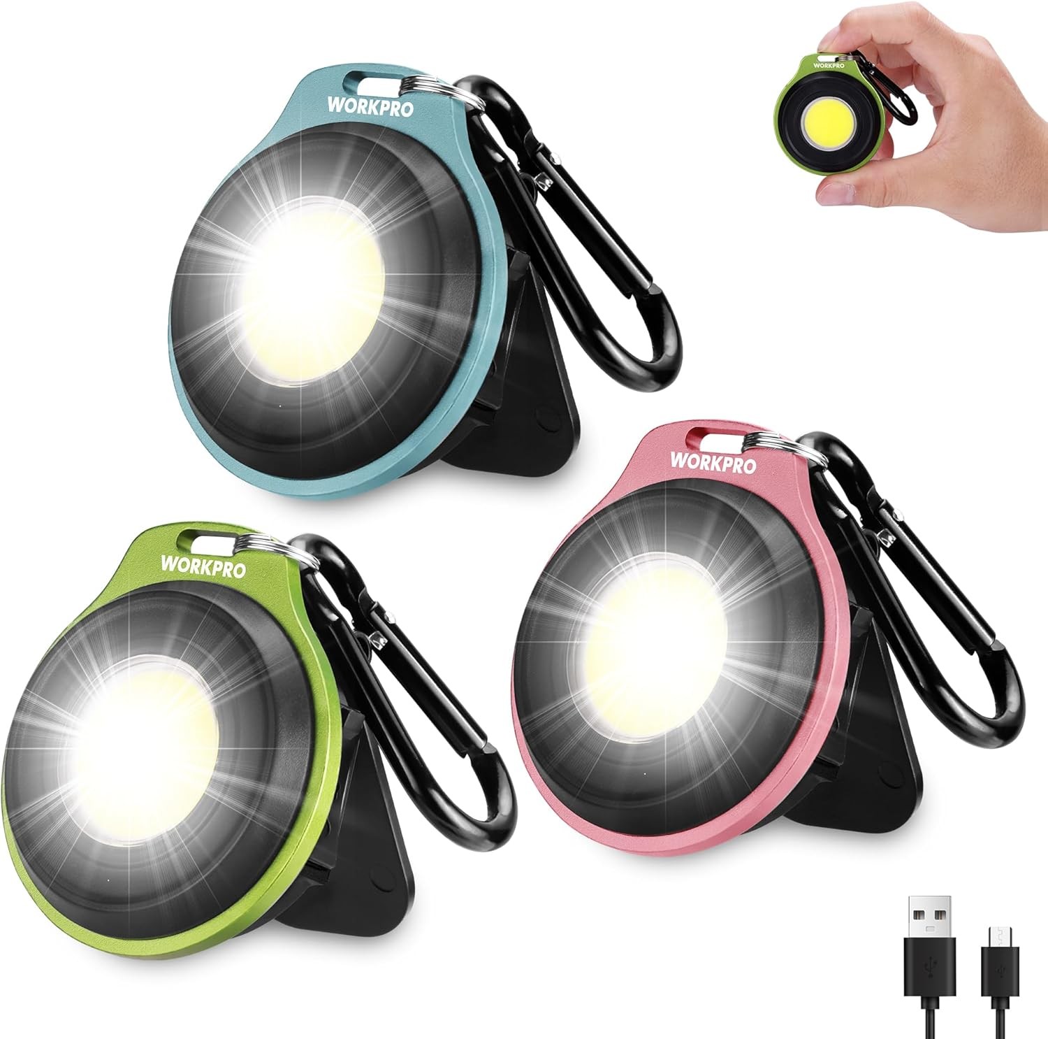 WORKPRO 3PCS Magnetic Rechargeable COB Keychain Work Light Flashlight w/Hat Clip