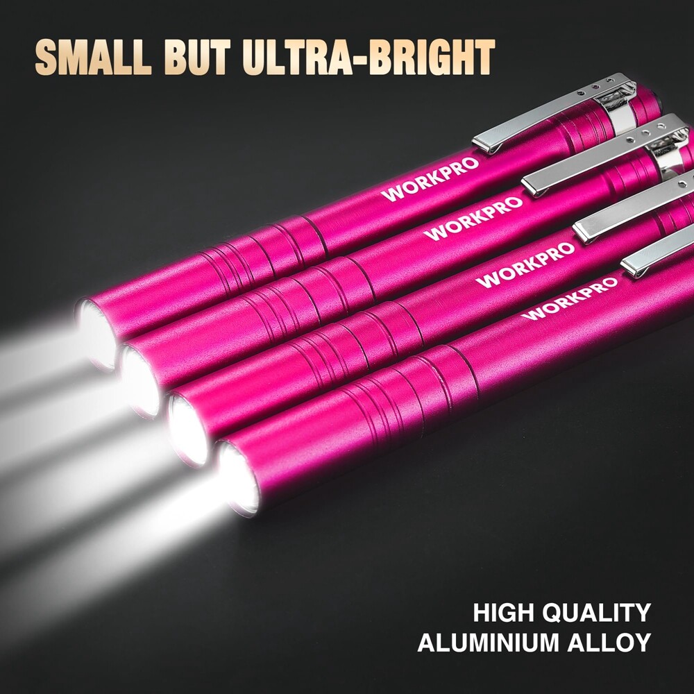 WORKPRO 4PC Aluminum LED Pen Light Pen Flashlight Pocket Flashlight 8AAA Battery