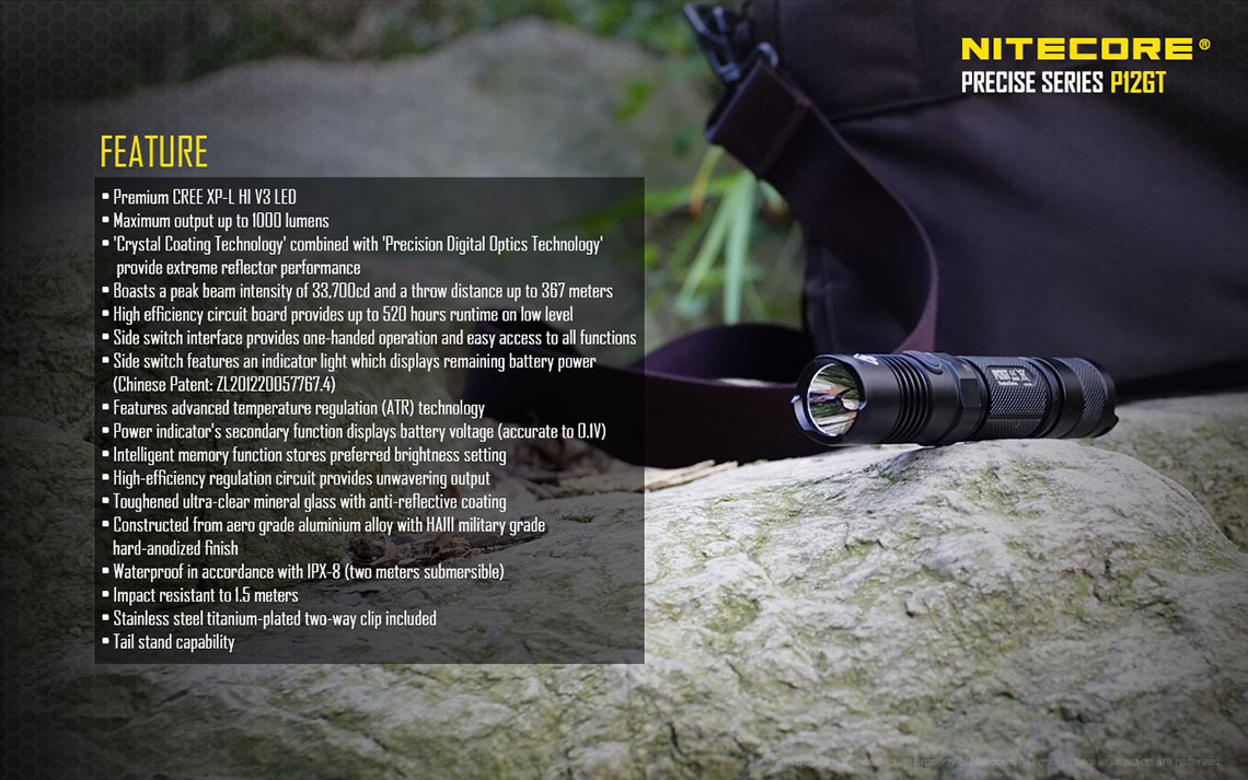 Nitcore P12GT Flashlight XP-L HI V3 1000Lm w/8x FREE Eco-Sensa CR123A Batteries