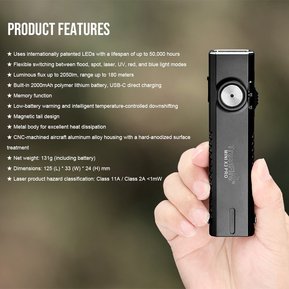 New TrustFire MiniX3-PRO 2050LM EDC Flashlight UV Green Laser Red Blue Light US