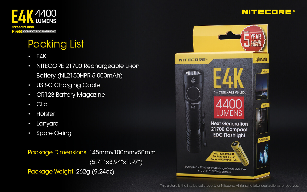 NITECORE E4K EDC Flashlight 4x CREE XP-L2 V6 4000 Lumens w/ EXTRA NL2150HPR