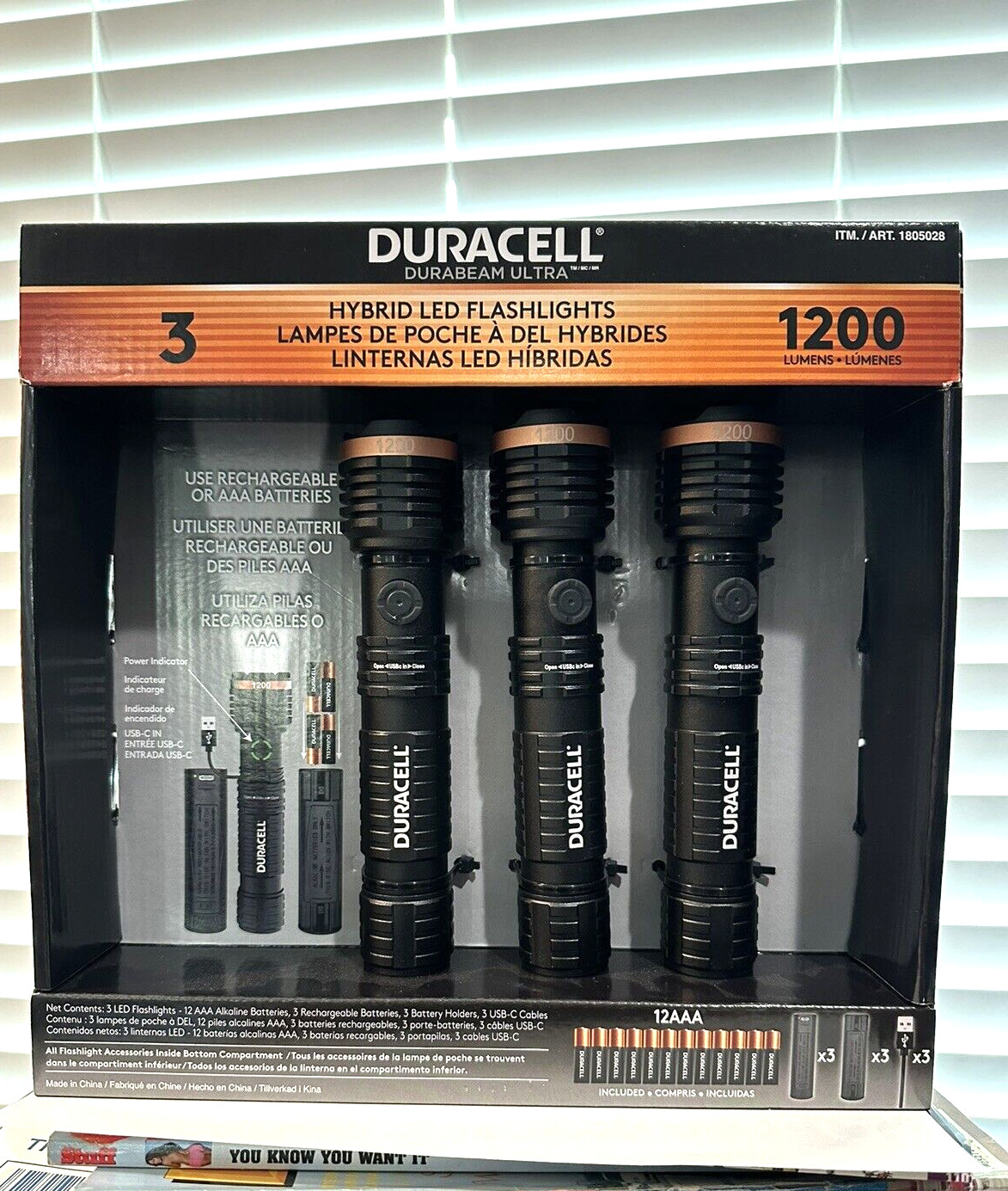 Duracell Ultra Hybrid LED Flashlights 1200 Lumens Rechargeable or AAA, 3 Pack