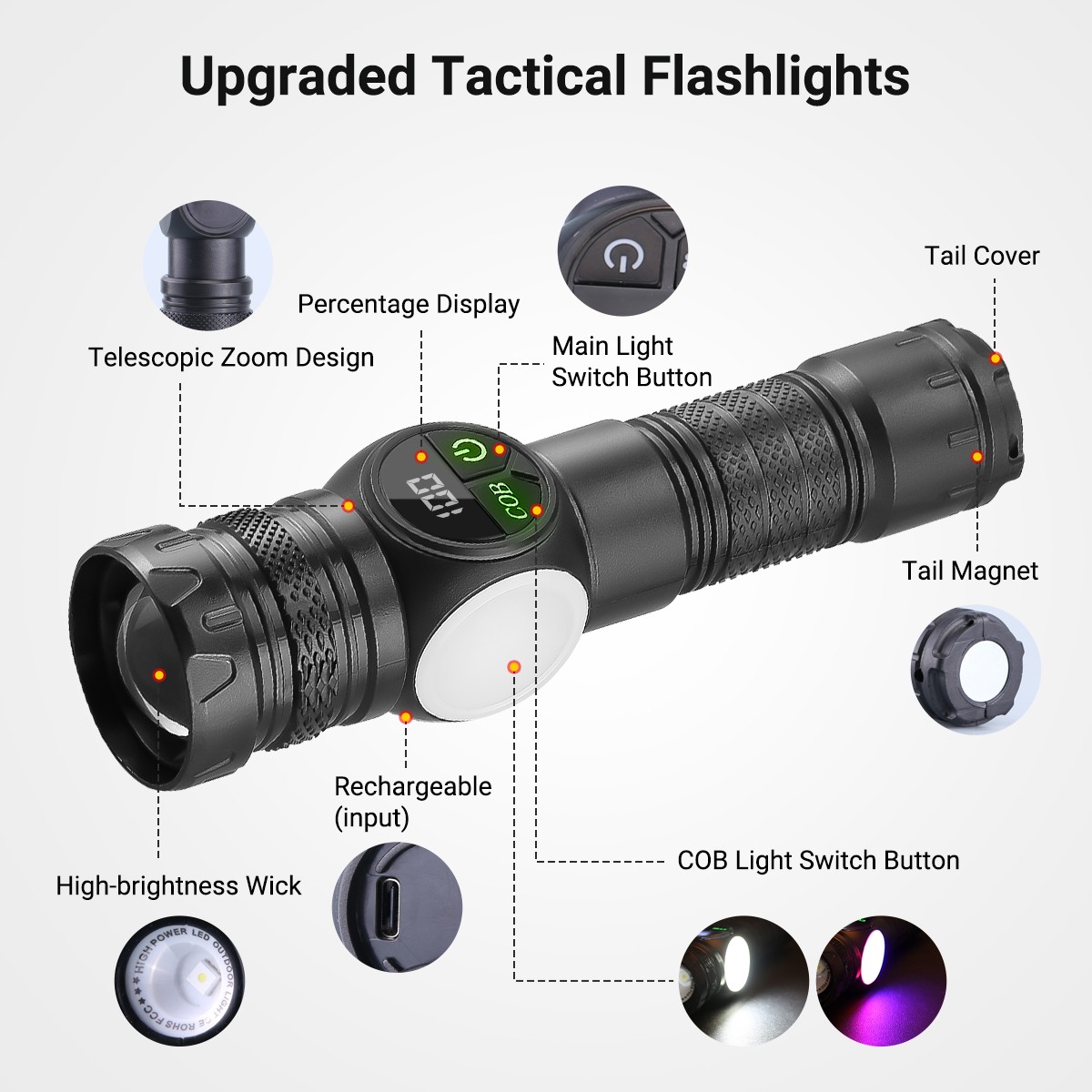 2x Super Bright LED Flashlight Rechargeable Tactical Flashlights LED Work Lights