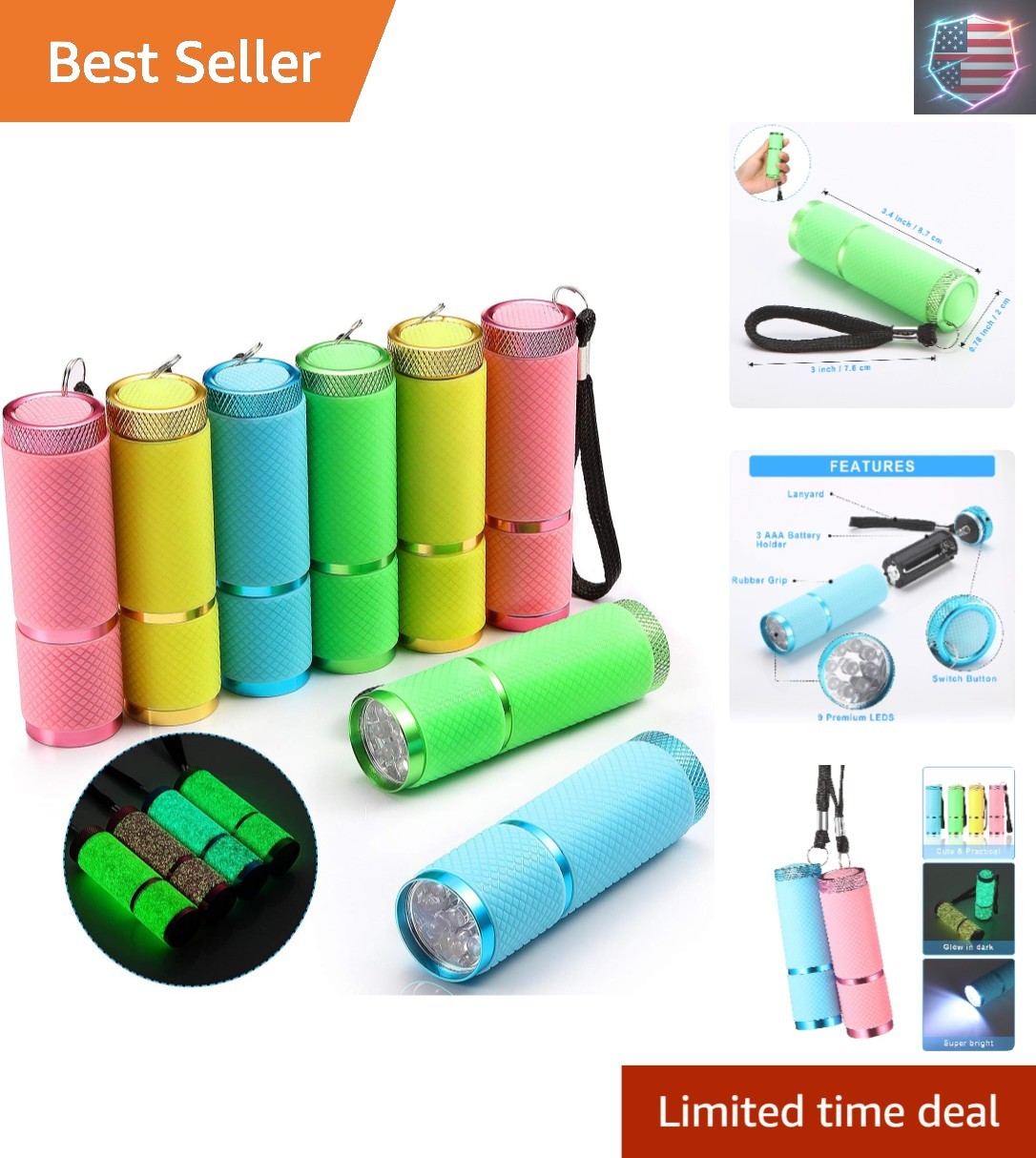 8 Pieces Glow in Dark Flashlights Set, 9 LED Mini Flashlights Rubber Coated w…
