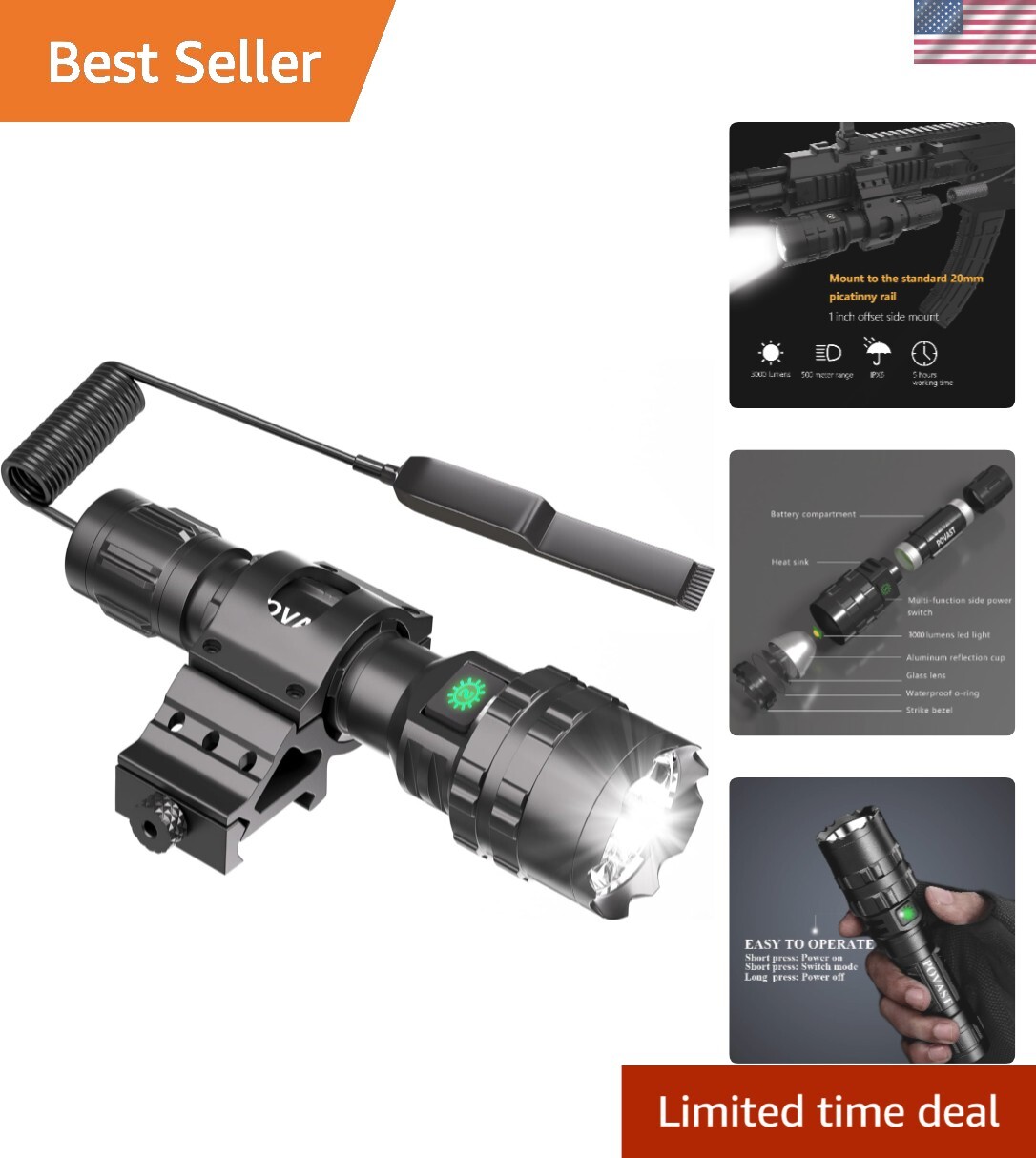 Durable Matte Black Tactical Flashlight – 500m Range, 5 Modes, USB Rechargeable