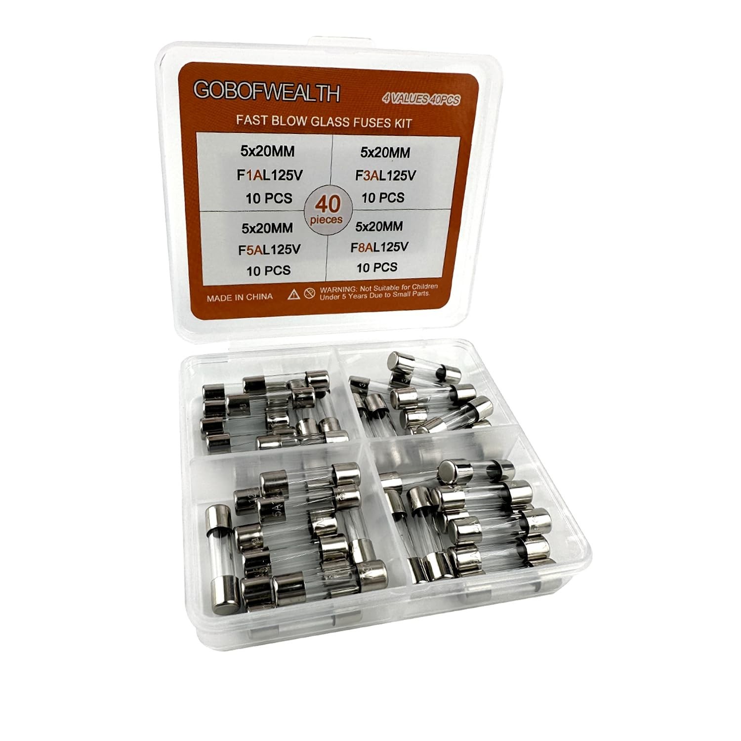 5x20mm 0.2×0.78 inches 125V 1A 3A 5A 8A Ampere 4 Models 40PCS Packaged in Tra…