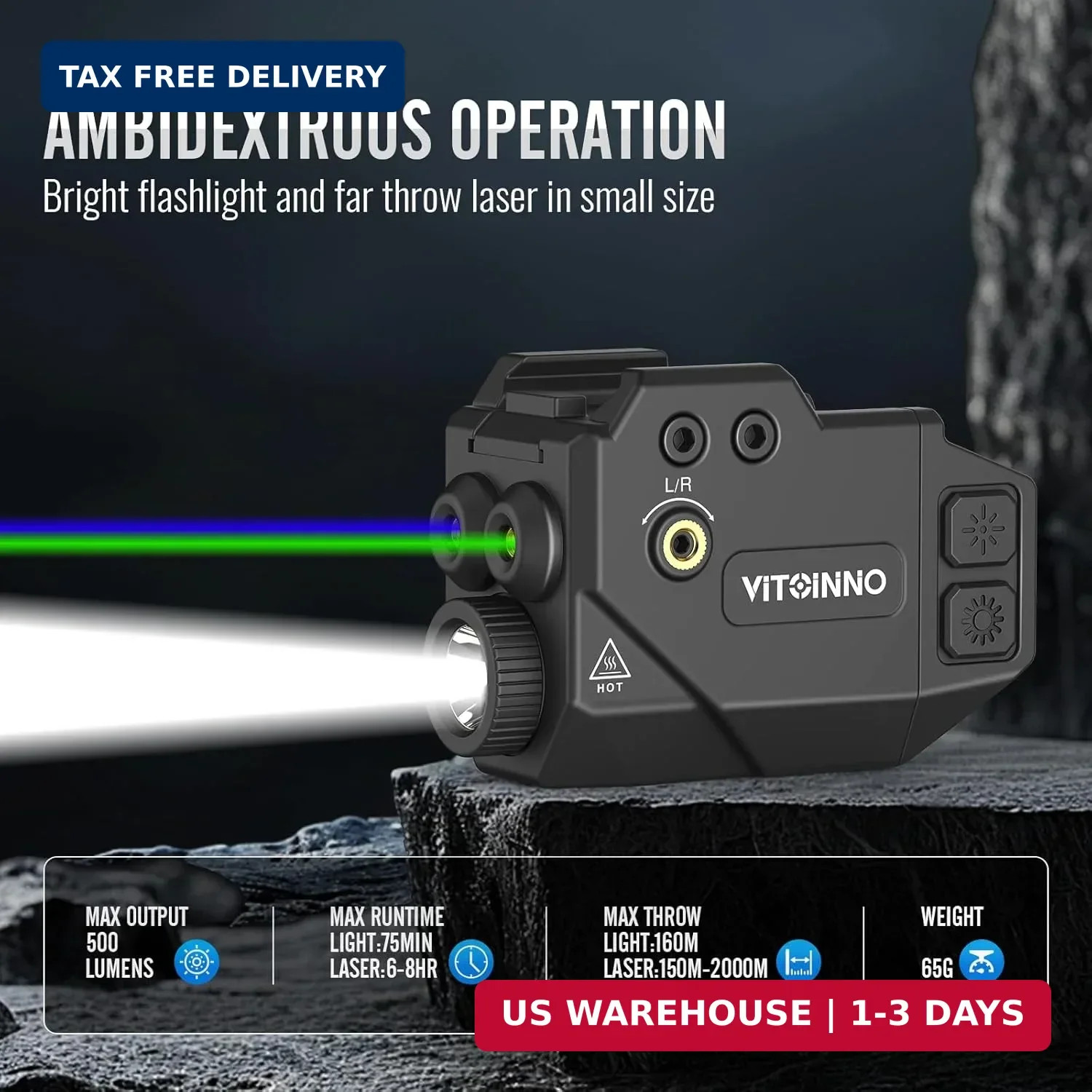 500lm Pistol Light and Blue Green Beam Combo,Slidable Weapon Light and Beam for
