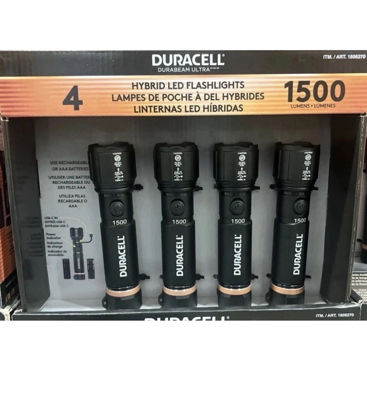 Duracell Durabeam Ultra Hybrid LED Flashlights 1500 Lumens Rechargeable 4 Pack