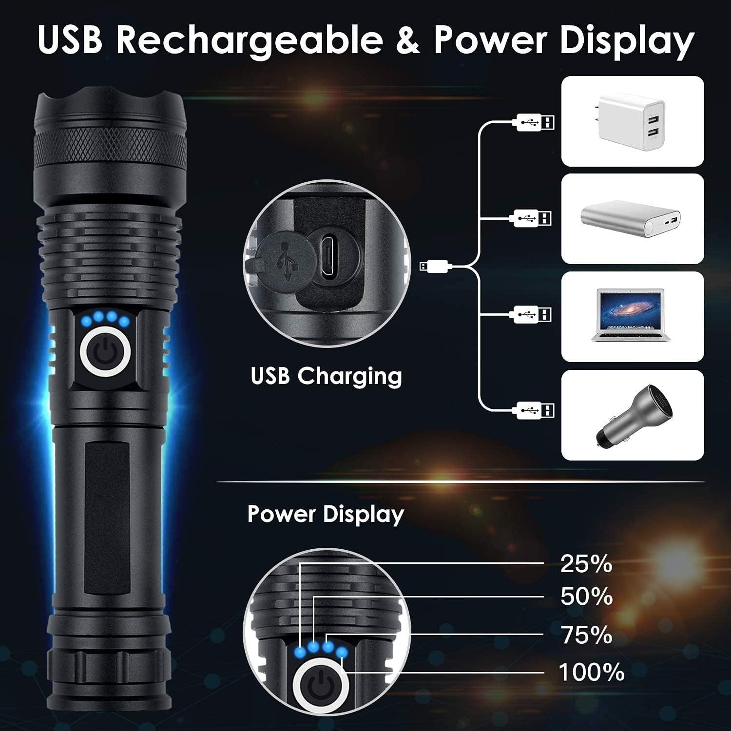 90000 Lumens Rechargeable Tactical Flashlight – 5 Modes, Waterproof & Adjustable