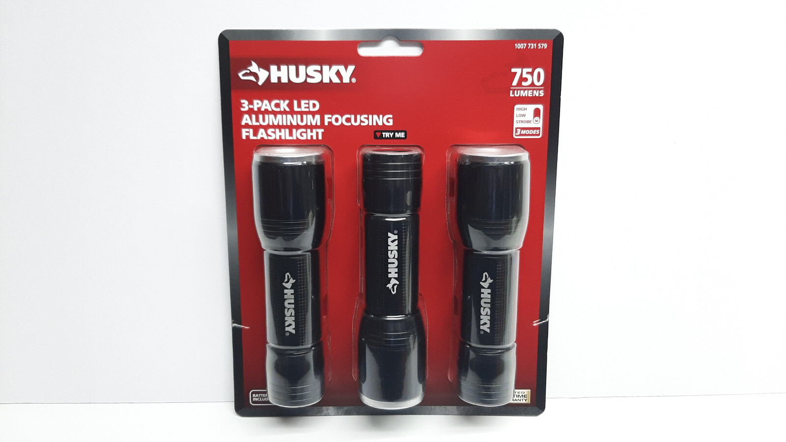 HUSKY Flashlight 3-Pack LED Aluminum High Low Strobe 750 Lumens 4-AAA FOCUSING