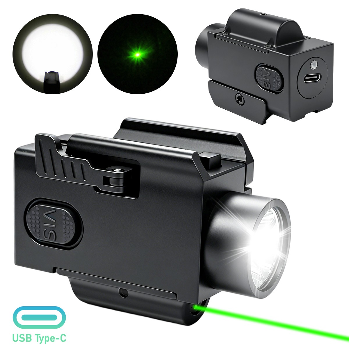 Mini LED Flashlight Light & Blue/Green/Red Laser Sight Combo USB Type-C Charging