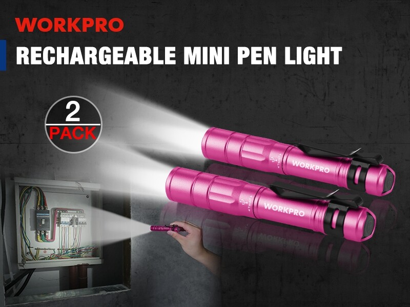 WORKPRO 2PCS Rechargeable LED Pen Light Ultra-Compact Flashlight Mini Flashlight