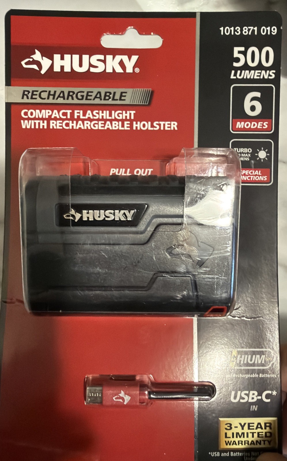 Husky Flashlight 500Lm Magnetic Rechargeable LED Holster Portable 6-Mode