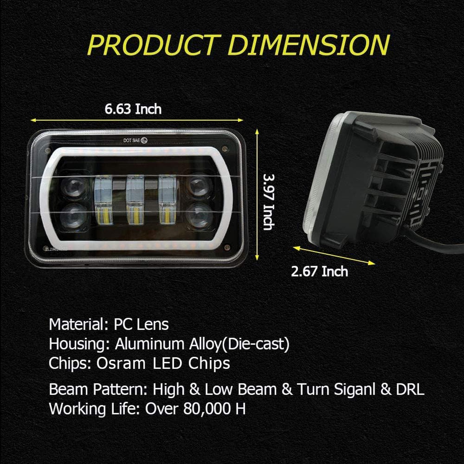 4Pcs 4×6 led headlights with White Yellow Halo Ring High Low Sealed Beam H465…