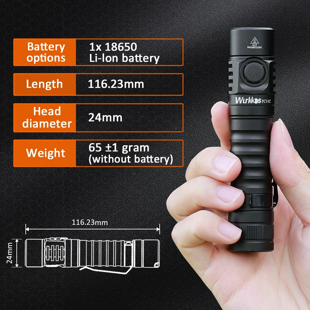 Wurkkos FC11C 1200LM Nichia 519A USB-C Rechargeable 18650 EDC Flashlight