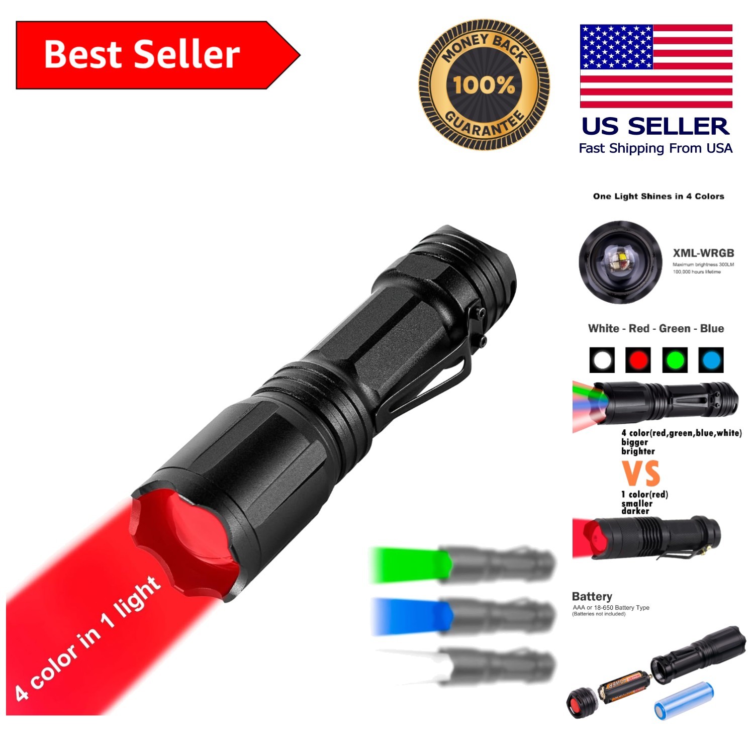 Upgraded Zoomable RGBW Multi-Color Flashlight – 4 Colors for Every Adventure