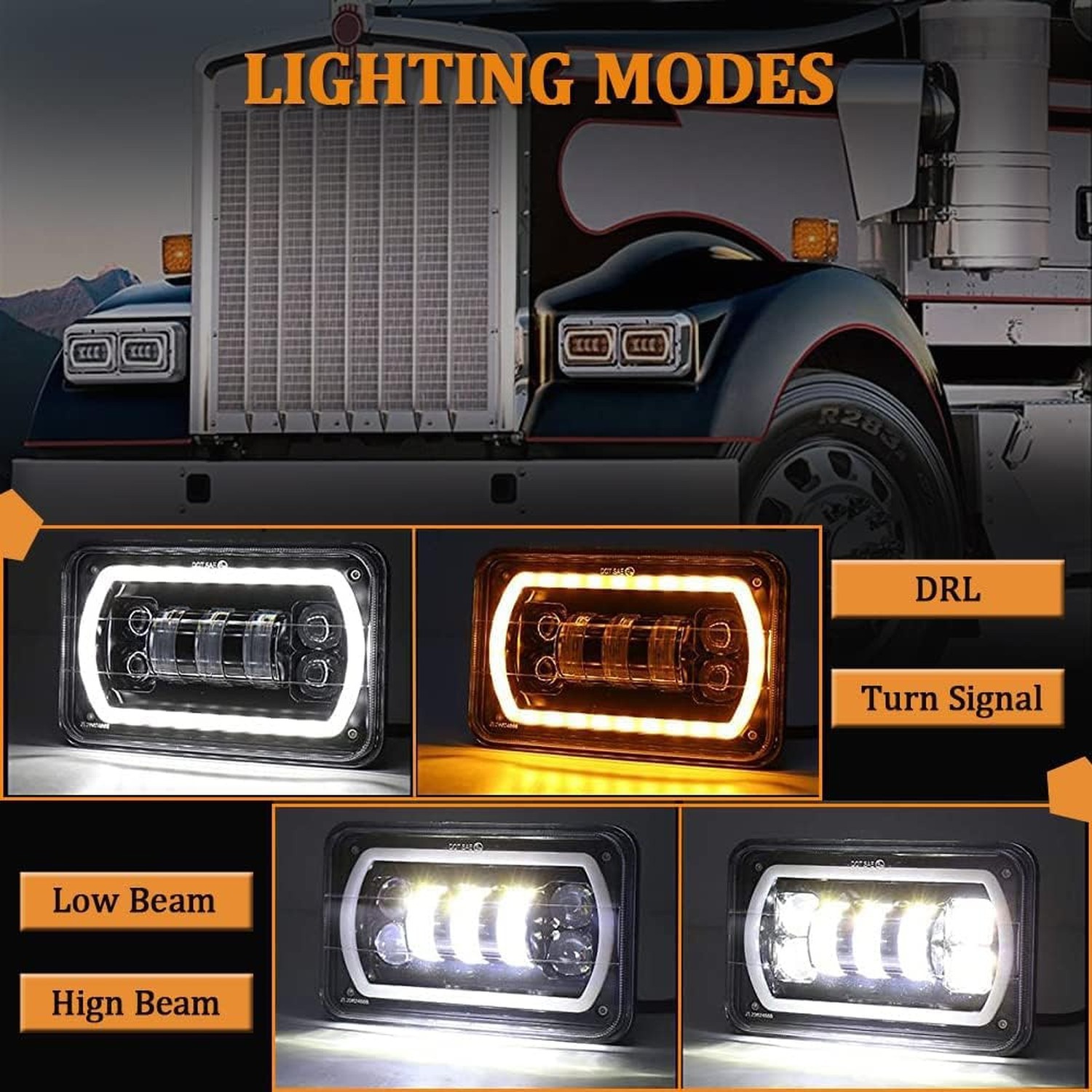 4Pcs 4×6 led headlights with White Yellow Halo Ring High Low Sealed Beam H465…