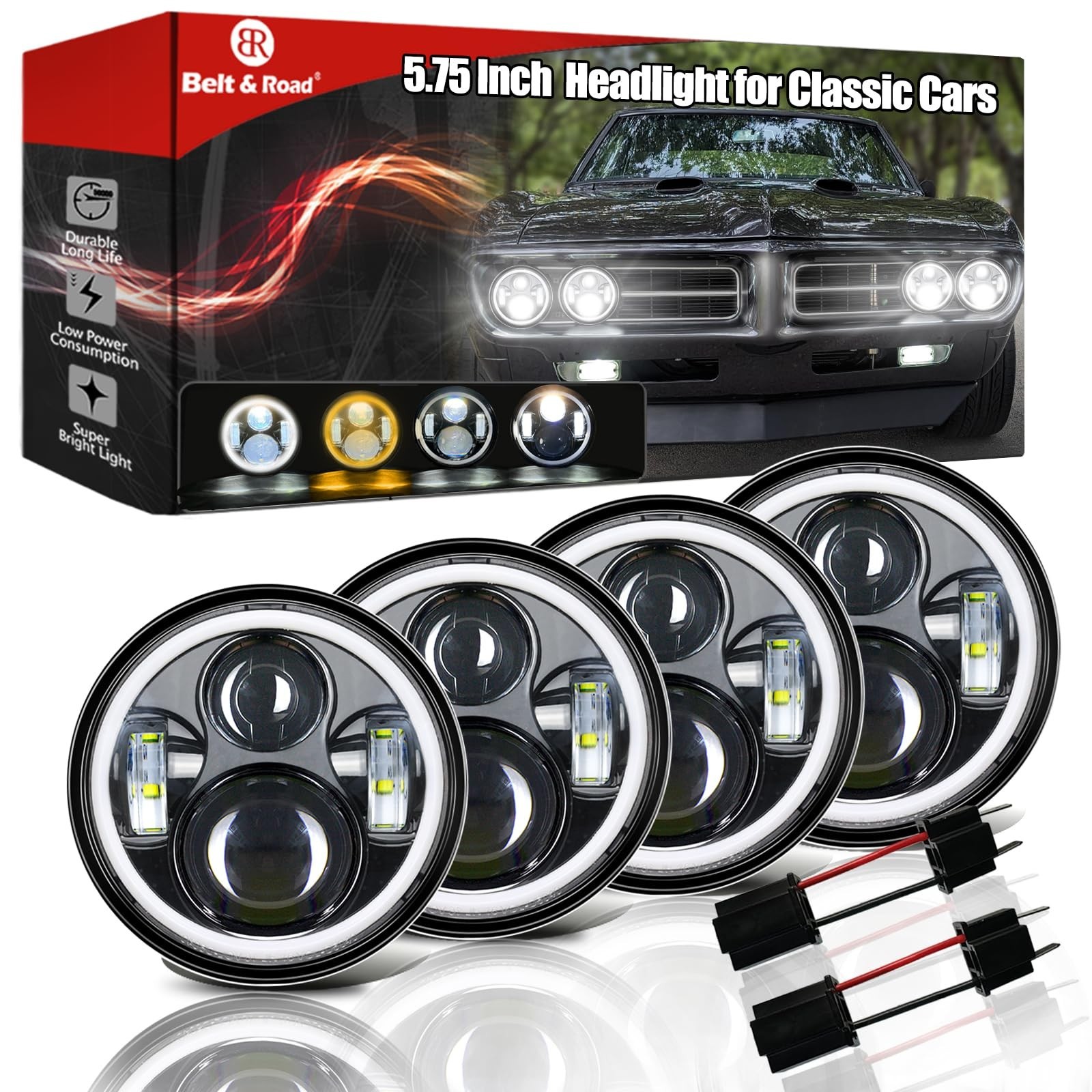 5 3/4” 5.75 inch LED Headlight with White Amber Halo – 4pcs Hi/Lo Beam with …