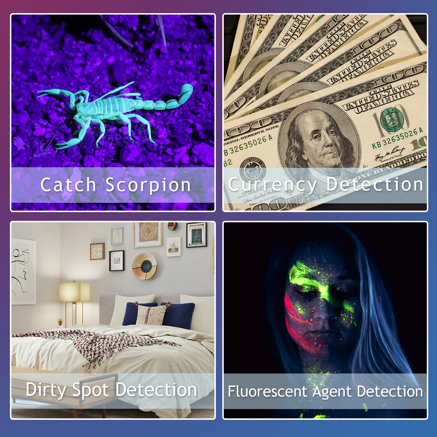 UV Torch Ultra Violet Flashlight White+Purple LED Blacklight Inspection 2 Mode