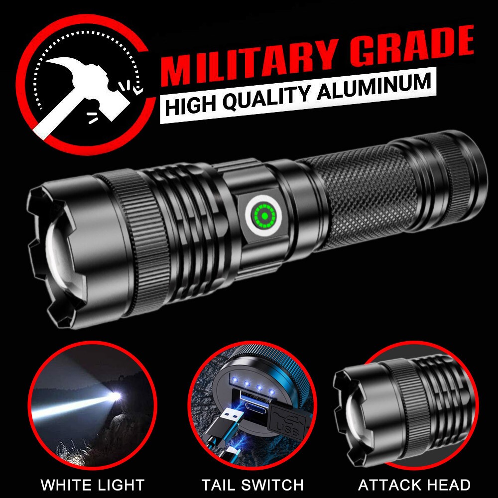 NEW 30W LEP Flashlight Super Bright Torch Hunting White Light Built-in Battery