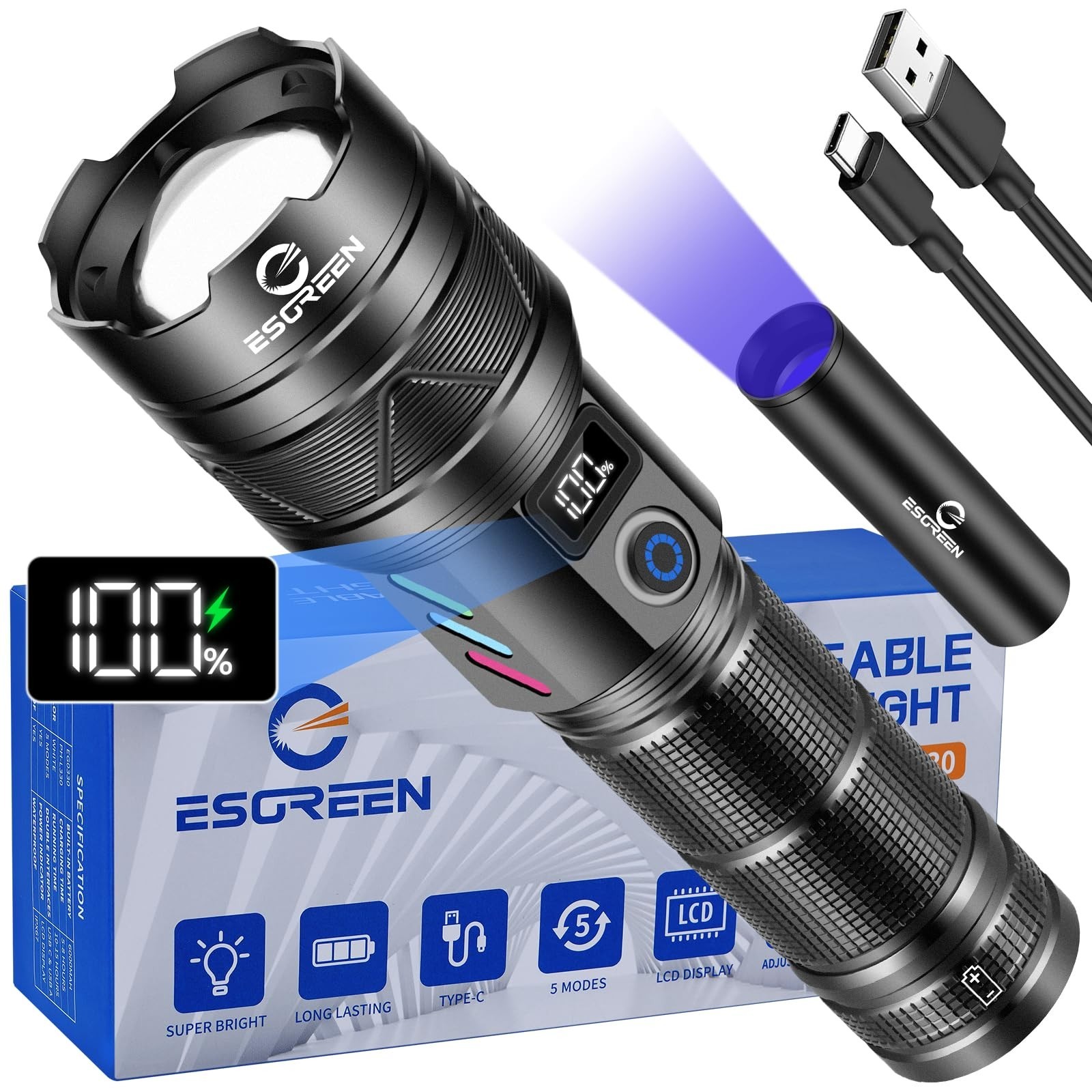 Super Bright 100000 Lumens Rechargeable Flashlight, Long Range 5000ft, USB C, He