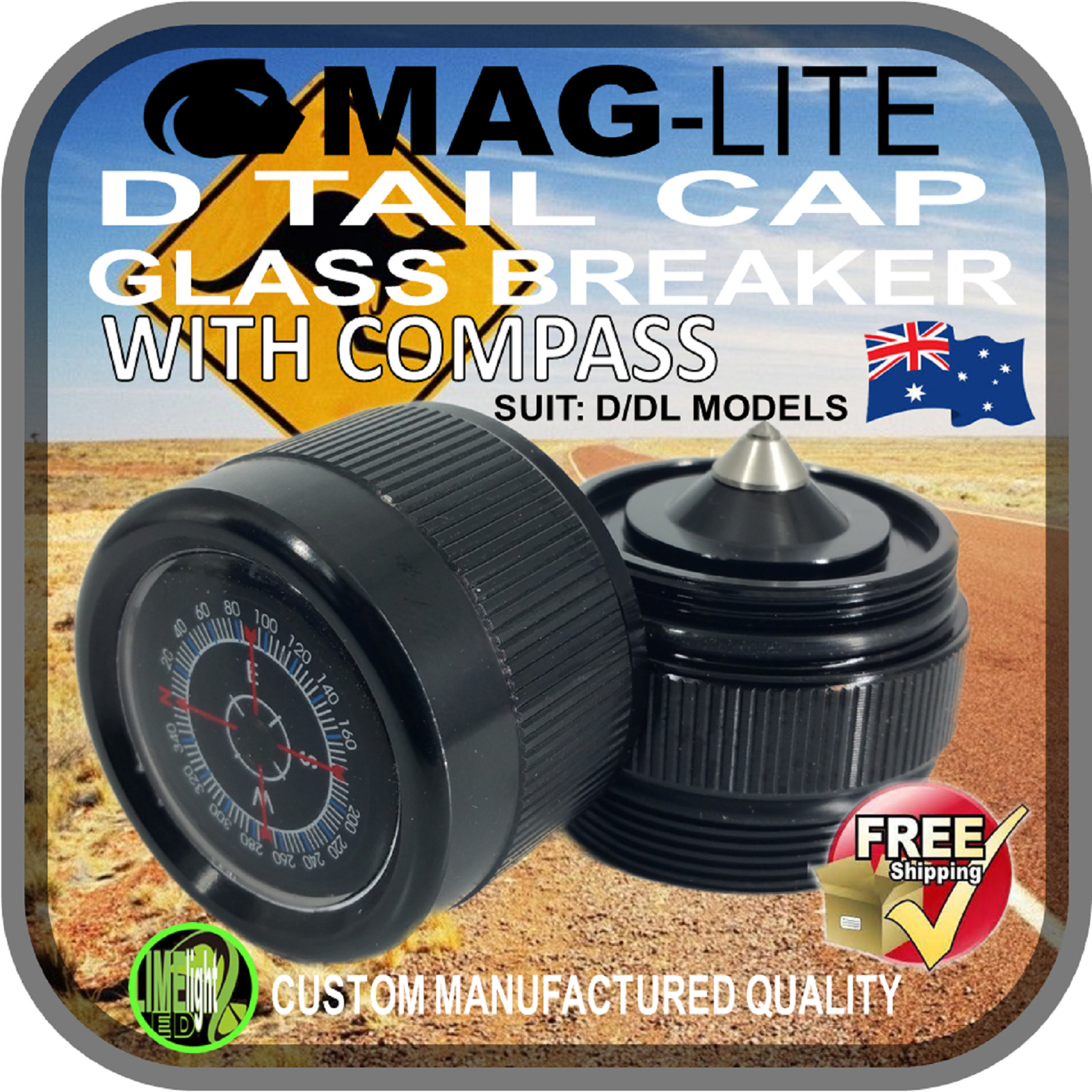 MAGLITE MODIFICATION UPGRADE D TAIL COMPASS WITH GLASS BREAKER D/DL MODELS AU