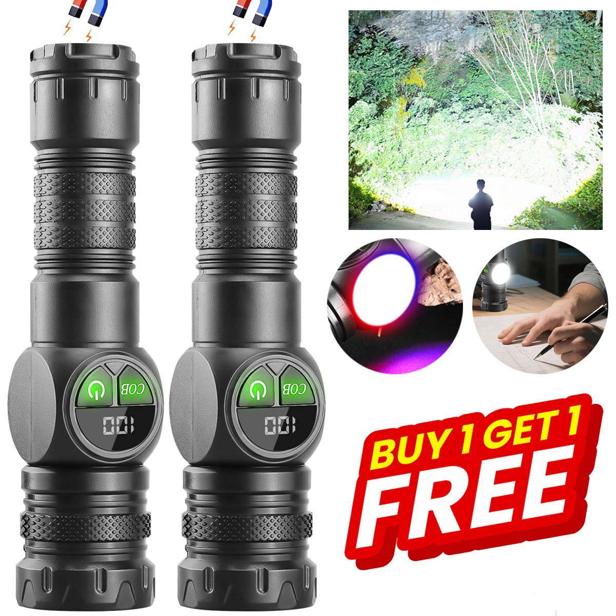 2PACK 99000000LMS LED Flashlight Rechargeable Magentic 30W Torch COB Work Light