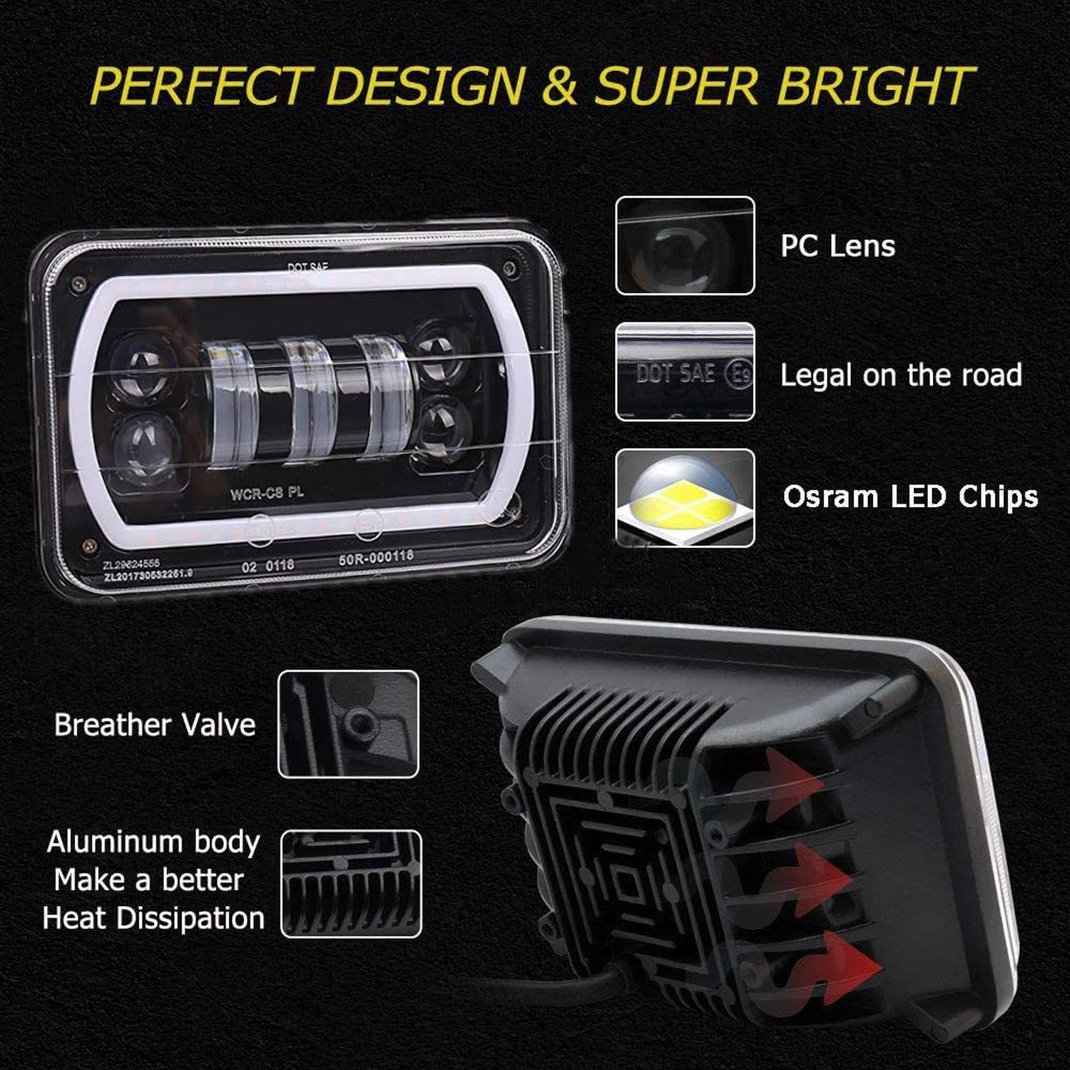 4Pcs 4×6 led headlights with White Yellow Halo Ring High Low Sealed Beam H465…