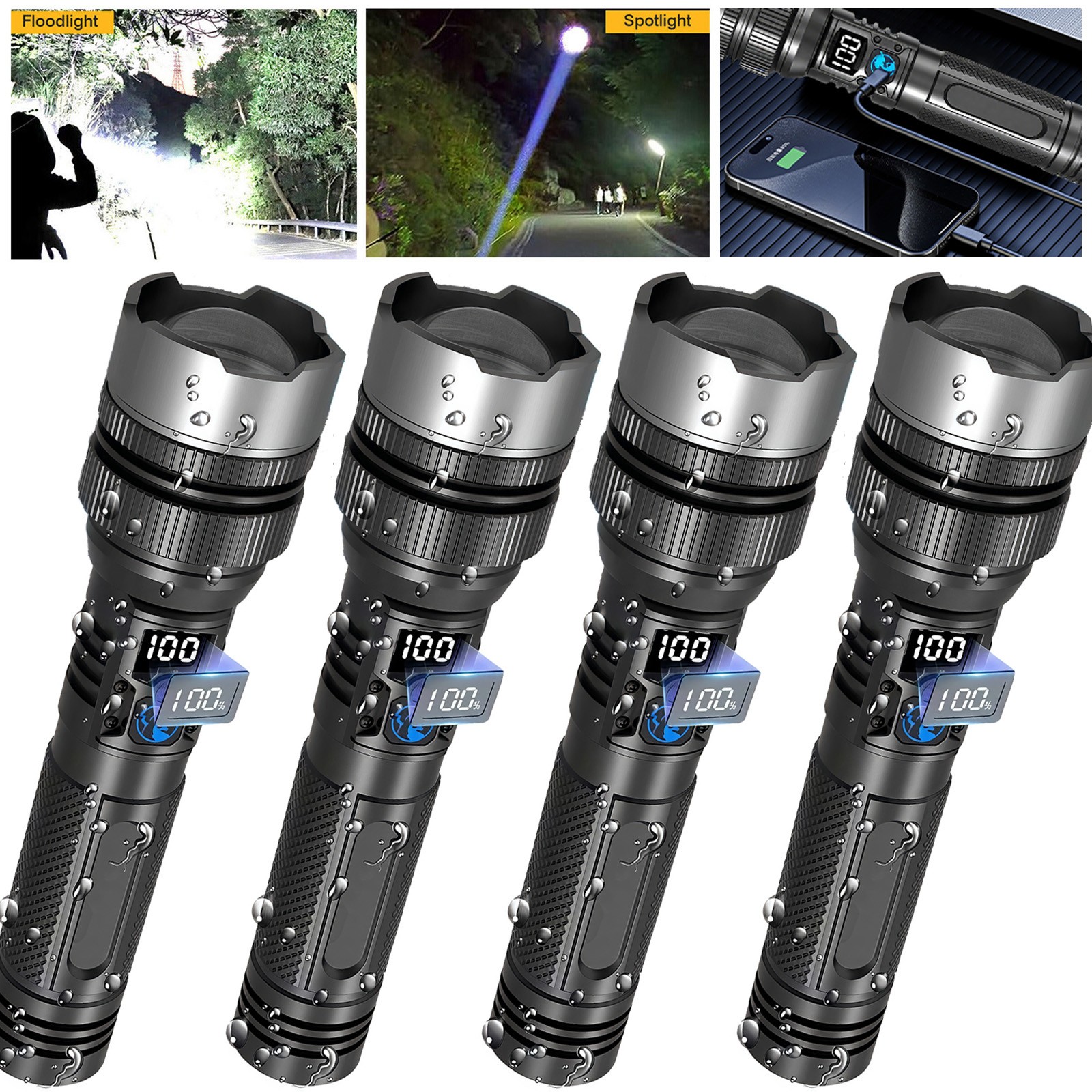 4PCS 99000000LM Super Bright LED Flashlight Rechargeable Tactical LED Work Light