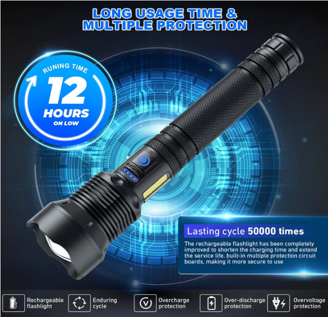 Linterna LED recargable 99.000 lúmenes, 7 modos, IPX6, ideal para camping. Negro