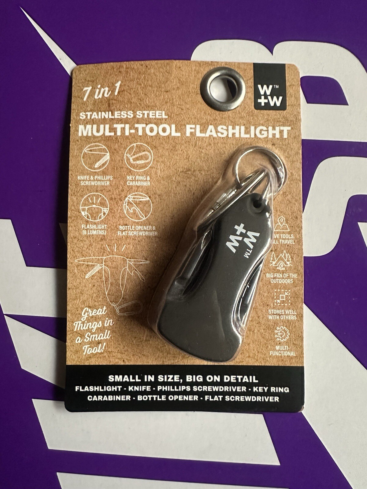 7 In 1 Multi Use Tool Keychain Flashlight W+W Stainless Steel Knife Screw Driver