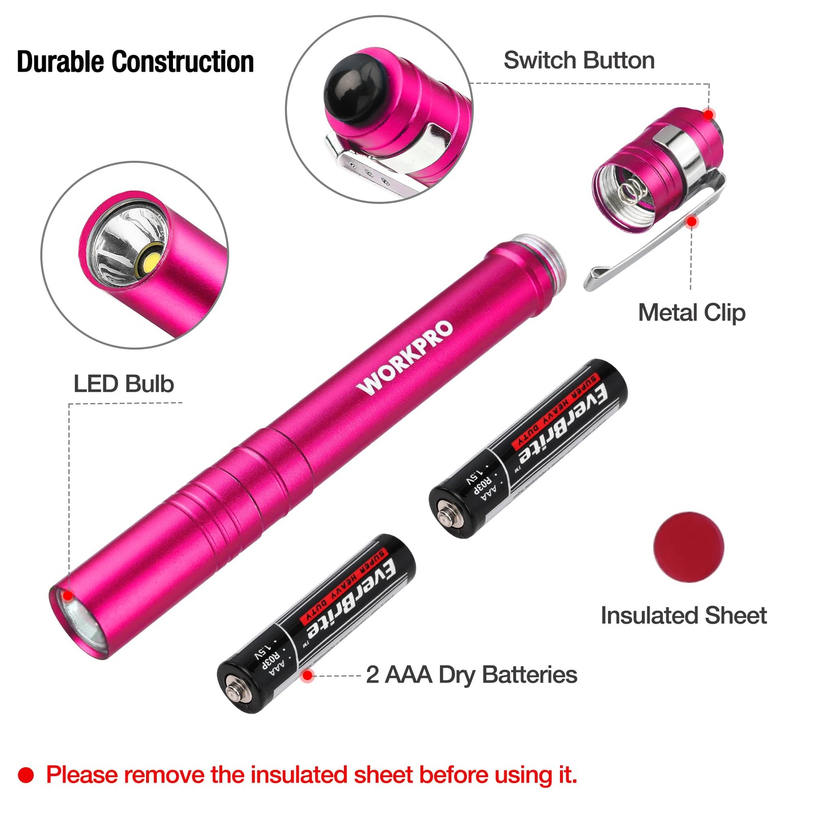 WORKPRO LED Pen Light, Aluminum Flashlights, Pocket Flashlight with Pink
