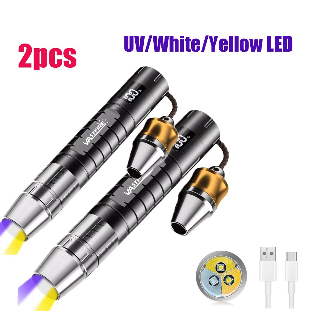 2PCS 3in1 Gem Jade Torch 365NM UV White Yellow Flashlight For Gemstone Appraisal